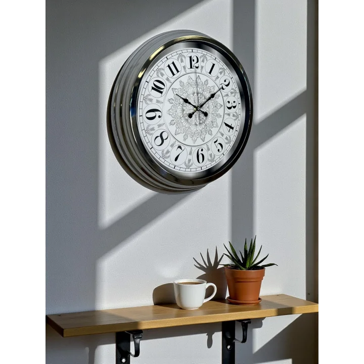 Mey İthalat® Asil Motif Krom 40 Cm Metal Duvar Saati