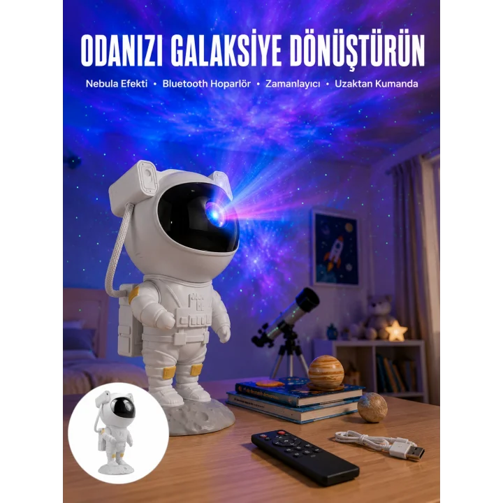 Mey İthalat® Astronot Bluetooth Hoparlör Gökyüzü Projektör Gece Lambası