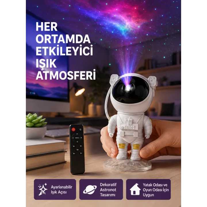 Mey İthalat® Astronot Yıldız Projeksiyon Lambası 8 Efektli Uzaktan Kumandalı Gece Işığı