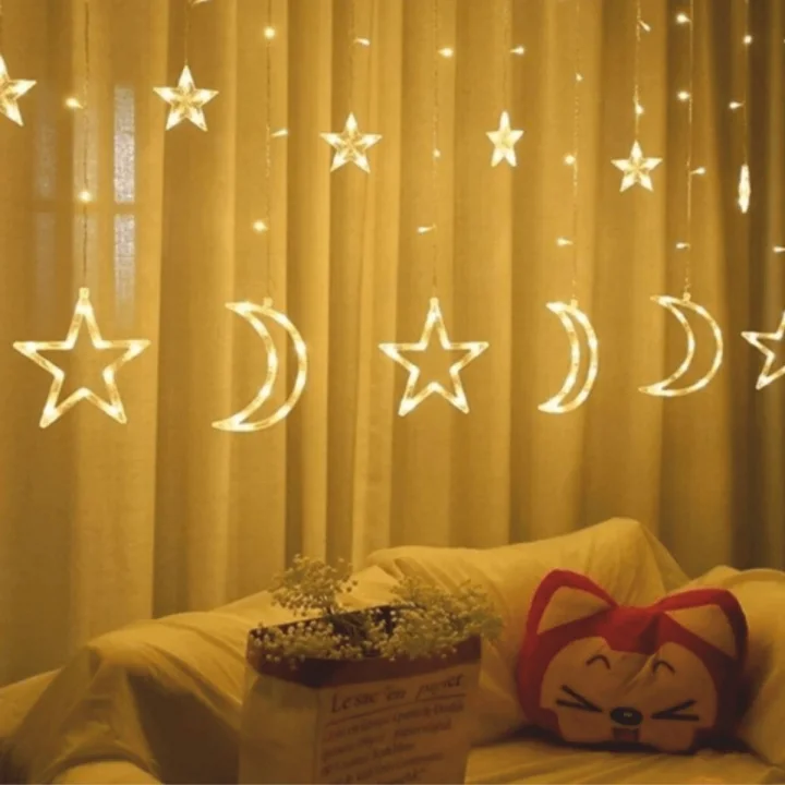 Mey İthalat® Ay ve Yıldız Figürlü Kumandalı 12 Sarkıtlı 120 LED Dekor Işık – Dekoratif Ortam ve Masaüstü Aydınlatması