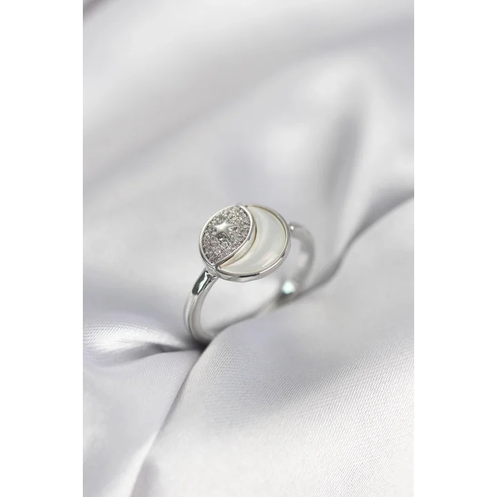 Mey İthalat® Ay Yıldız Model Gümüş Renk Zirkon Taşlı Kadın Yüzük