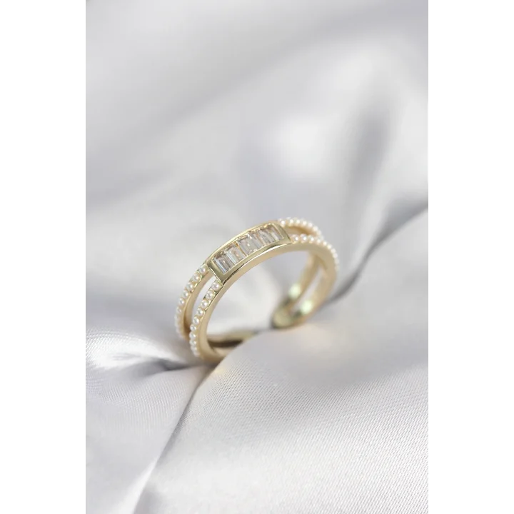 Mey İthalat® Baget Zirkon Taşlı Gold Renk İncili Kadın Yüzük