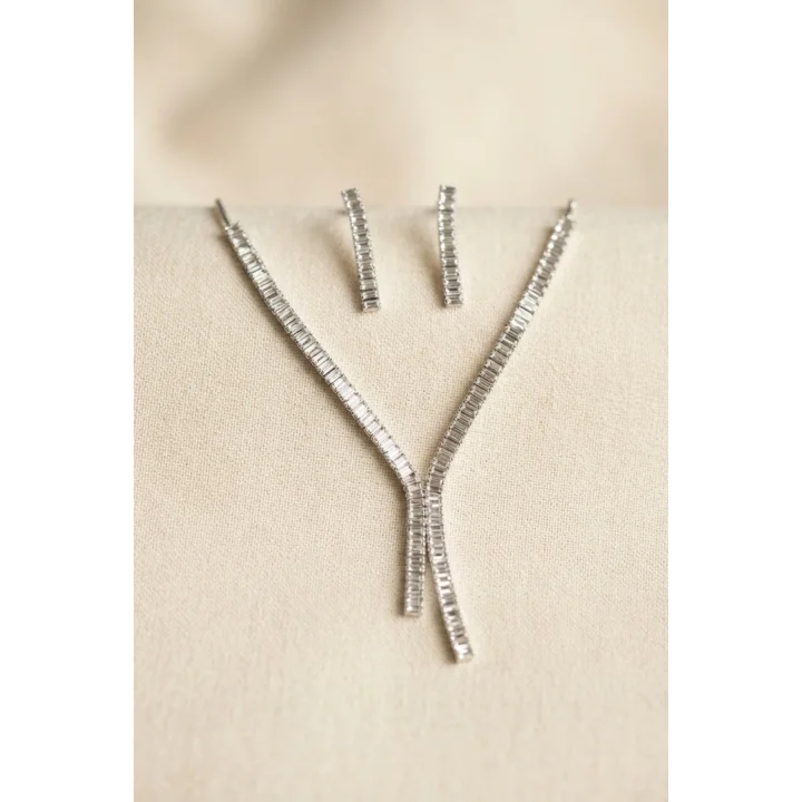 Mey İthalat® Baget Zirkon Taşlı Su Yolu Kolye ve Küpe Set