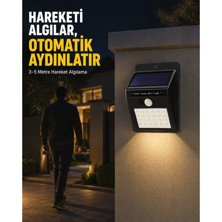 Mey İthalat® Bahçe ve Veranda İçin Güneş Paneli ile Otomatik Şarj Olan LED Duvar Lambası