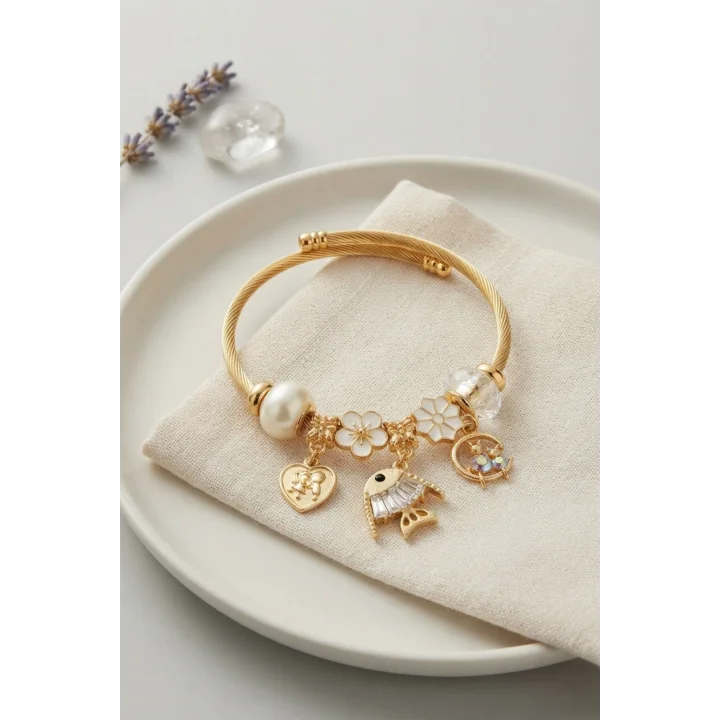 Mey İthalat® Balık Charmlı Beyaz Renk Gold Bileklik