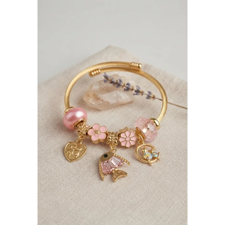 Mey İthalat® Balık Charmlı Pembe Renk Gold Bileklik