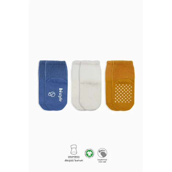Mey İthalat®  Basic Kaymaz Penye Soket Çorap 3Lü BS10106 İndigo Ekru Hardal
