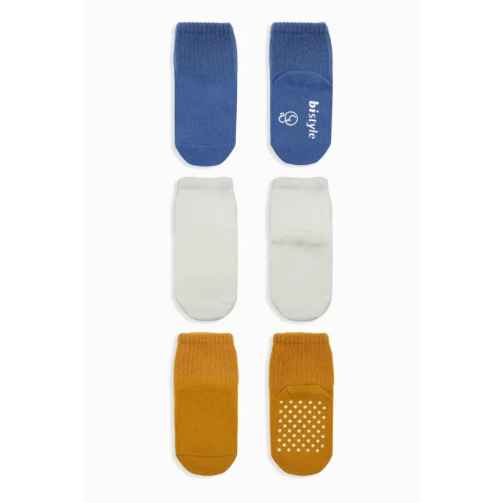 Mey İthalat®  Basic Kaymaz Penye Soket Çorap 3Lü BS10106 İndigo Ekru Hardal