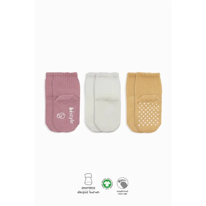 Mey İthalat®   Basic Kaymaz Penye Soket Çorap 3Lü BS10106 Pudra Ekru Somon