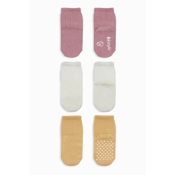 Mey İthalat®   Basic Kaymaz Penye Soket Çorap 3Lü BS10106 Pudra Ekru Somon