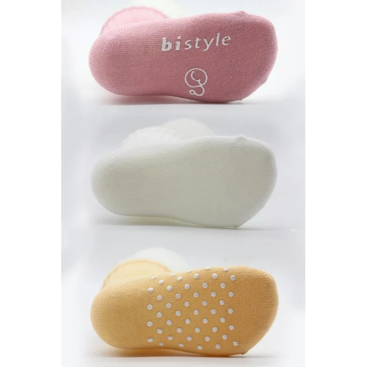 Mey İthalat®   Basic Kaymaz Penye Soket Çorap 3Lü BS10106 Pudra Ekru Somon