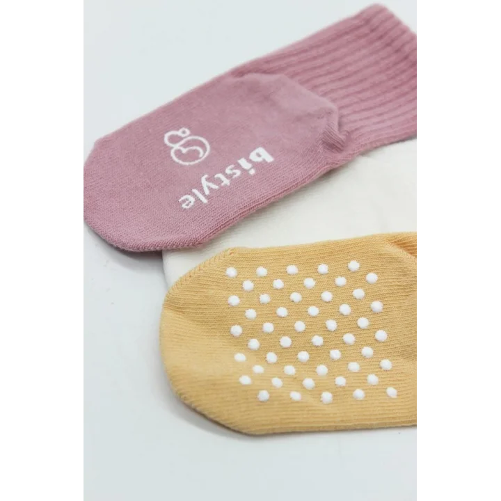 Mey İthalat®   Basic Kaymaz Penye Soket Çorap 3Lü BS10106 Pudra Ekru Somon