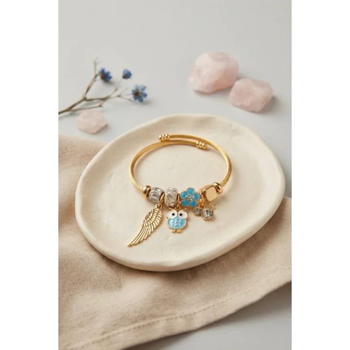 Mey İthalat® Baykuş Model Gold Renk Charmlı Bileklik