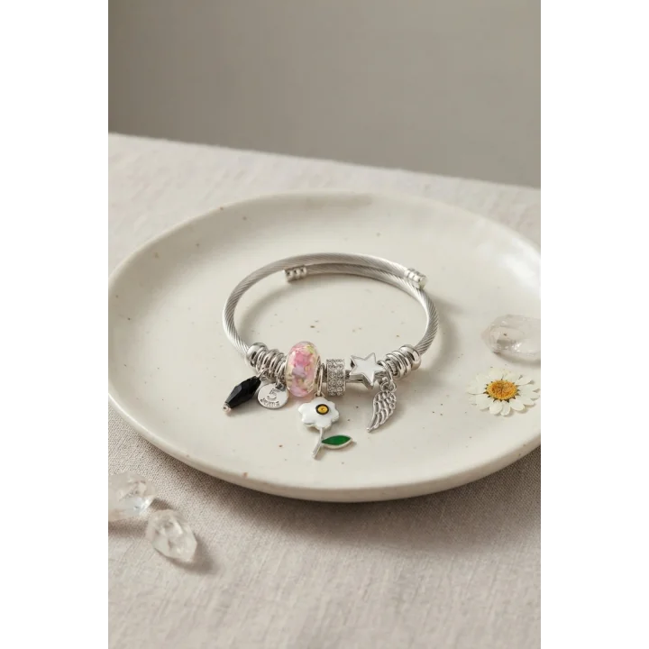 Mey İthalat® Beyaz Çiçek Charmlı Bileklik