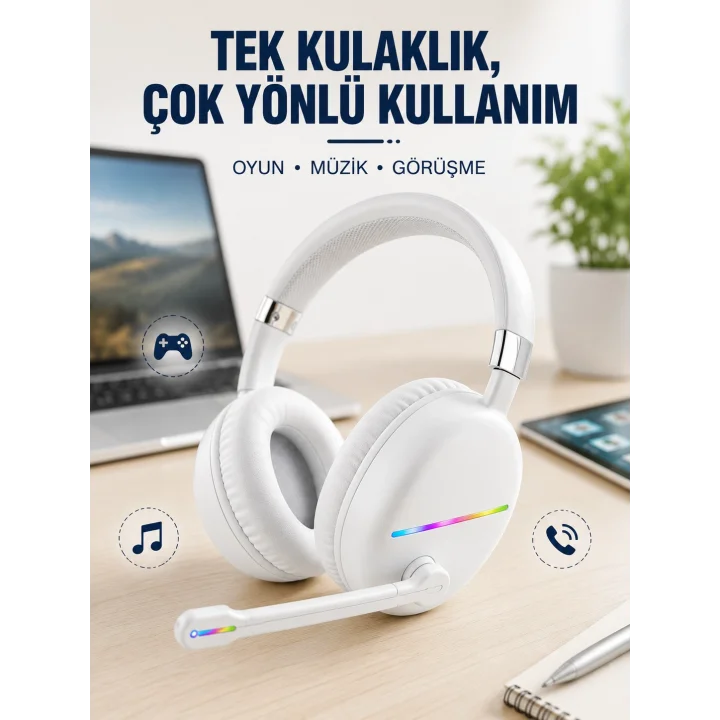 Mey İthalat® Beyaz Kablosuz Bluetooth Kulaklık Mikrofonlu Ergonomik Kulak Üstü Tasarım