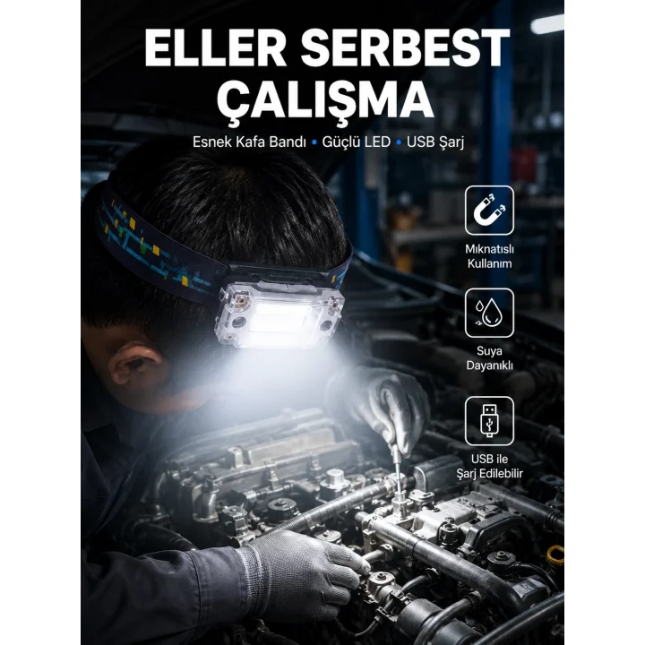 Mey İthalat® Beyaz Led Işık Sensörlü Kafa Lambası Lityum Batarya Led El Fenerli Şarjlı