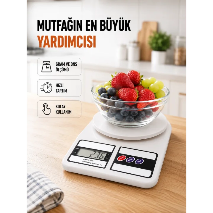 Mey İthalat® Beyaz Plastik Dijital Mutfak Tartısı – 24x16.8x1.5cm