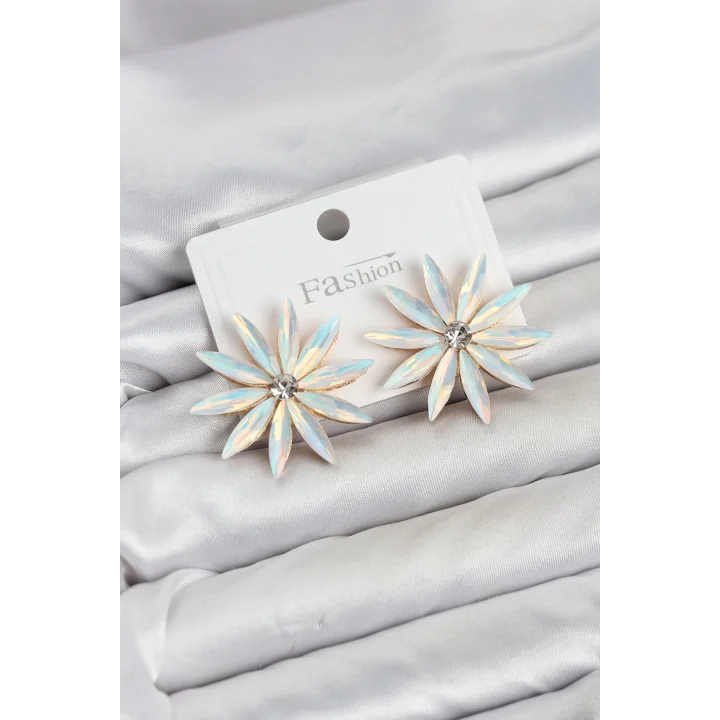 Mey İthalat® Beyaz Renk Kristal Taşlı Lotus Model Kadın Küpe