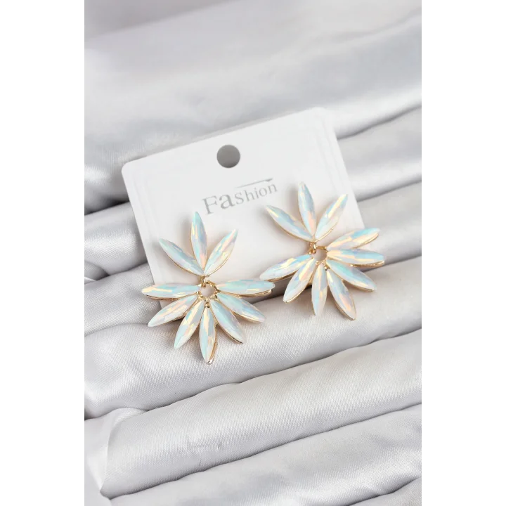 Mey İthalat® Beyaz Renk Kristal Taşlı Lotus Model Kadın Küpe