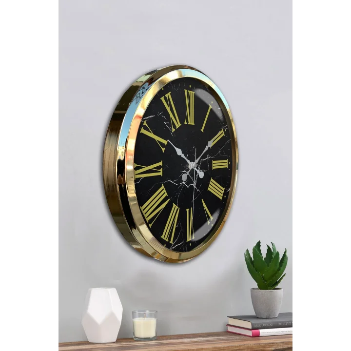 Mey İthalat® Black Marble Gold 52 Cm Metal Duvar Saati