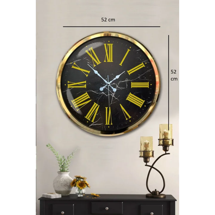 Mey İthalat® Black Marble Gold 52 Cm Metal Duvar Saati