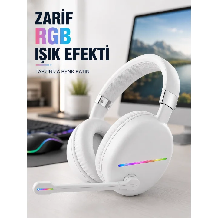Mey İthalat® Bluetooth 5.0 Beyaz Kulak Üstü Kablosuz Kulaklık Mikrofonlu RGB Aydınlatmalı