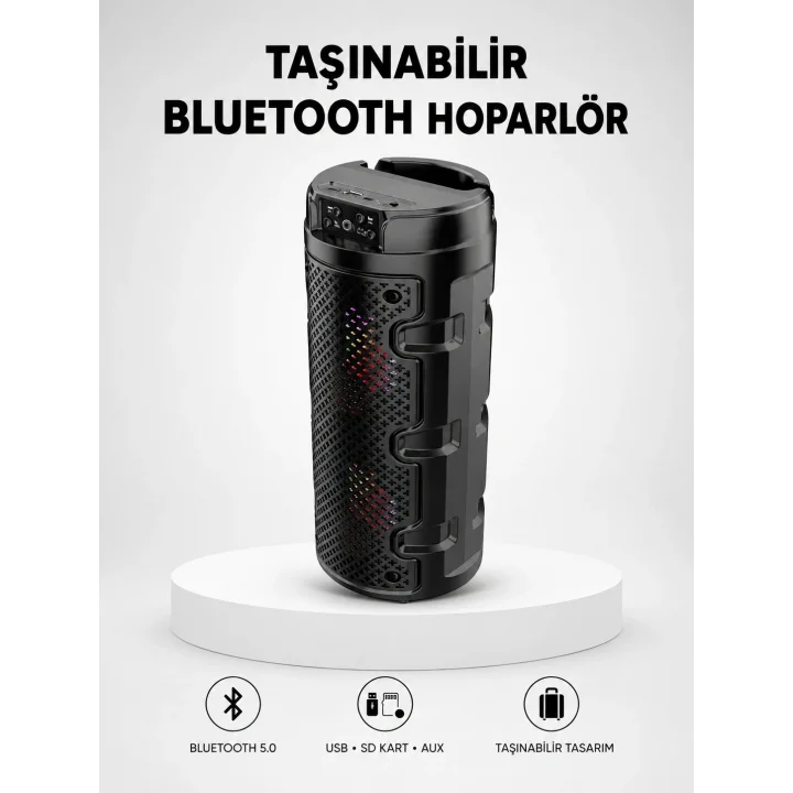 Mey İthalat® Bluetooth 5.0 Kablosuz Hoparlör Çift Sürücülü Yüksek Ses Kalitesi Kompakt Tasarım