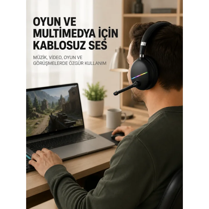 Mey İthalat® Bluetooth 5.0 RGB Işıklı Mikrofonlu Kablosuz Kulak Üstü Kulaklık