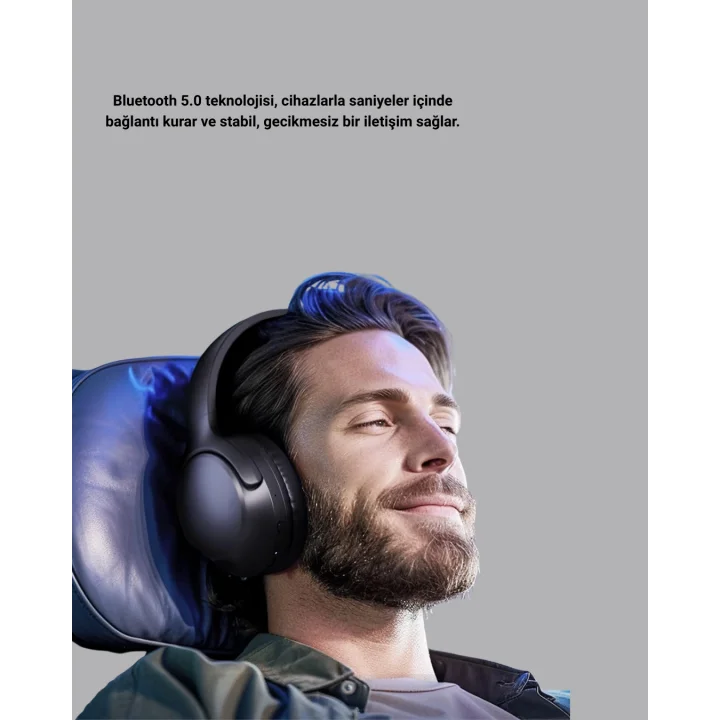 Mey İthalat® Bluetooth 5.0 Siyah Kablosuz Kulaklık 18 Saat Batarya Katlanabilir Tasarım Yeni Nesil