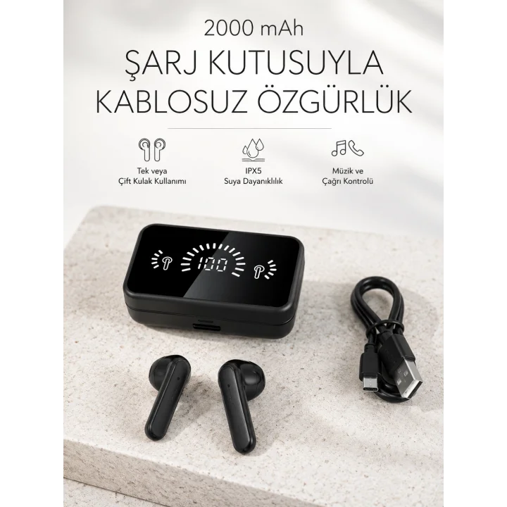 Mey İthalat® Bluetooth 5.1 Destekli  bluetooth kulaklık – ANC ve Stereo Sesli