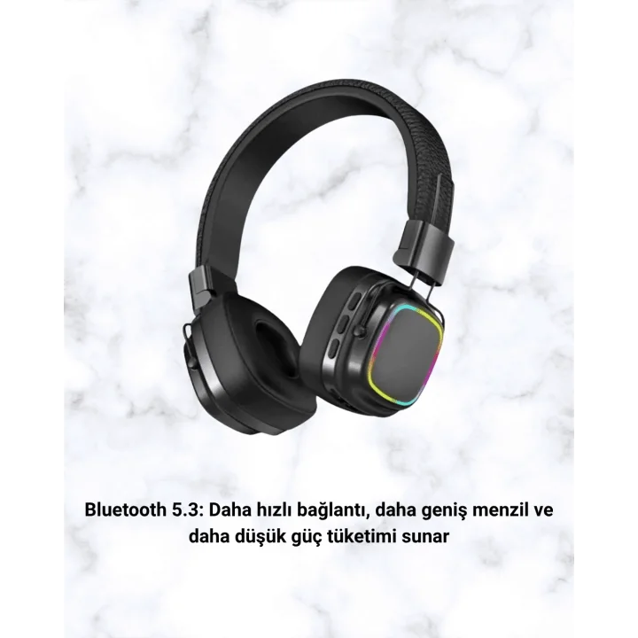 Mey İthalat® Bluetooth 5.3 Rainbow Işıklı Kulak Üstü Kablosuz Kulaklık Yeni Nesil
