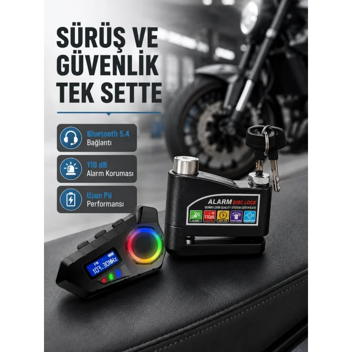 Mey İthalat® Bluetooth 5.4 İntercom ve Alarmlı Disk Kilidi Seti Güçlü Ses ve Güvenlik