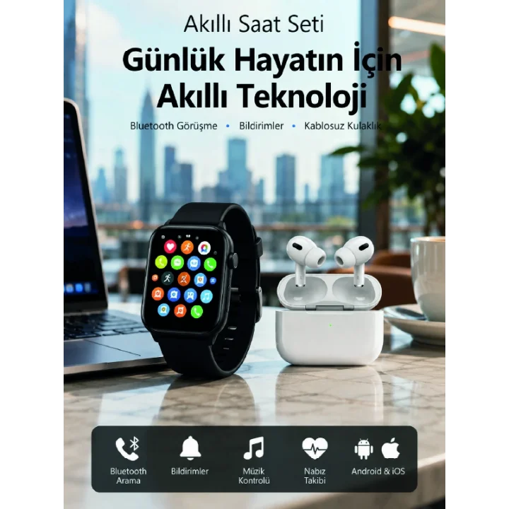 Mey İthalat® Bluetooth Arama Özellikli Akıllı Saat Seti Kablosuz Kulaklık Hediyeli, Android & iOS Uyumlu