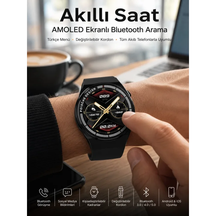 Mey İthalat® Bluetooth Bağlantılı Akıllı Saat Tüm Telefonlara Uyumlu Değiştirilebilir Kordon