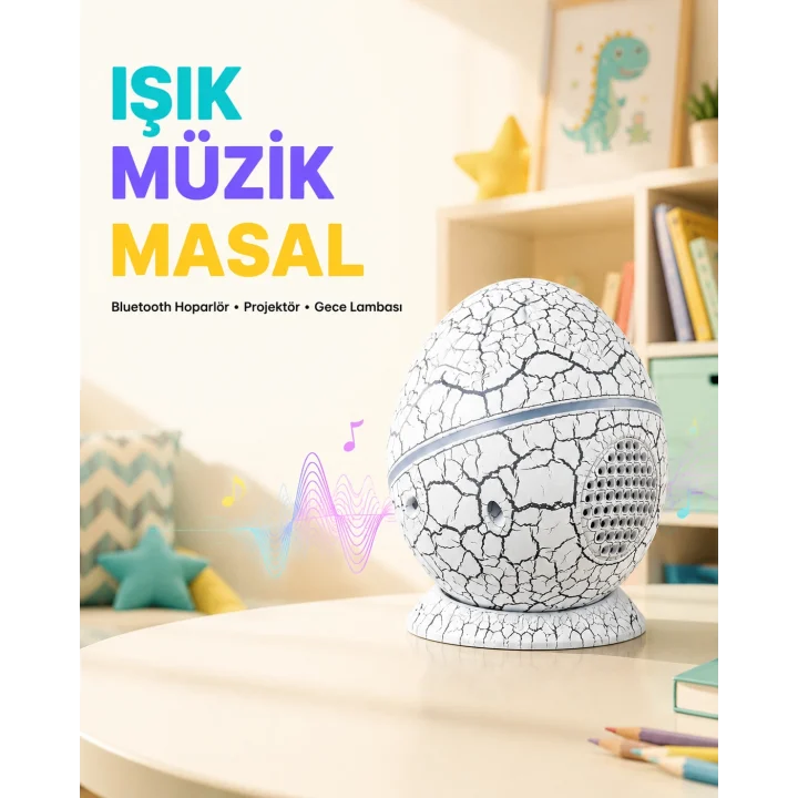 Mey İthalat® Bluetooth Bağlantılı Dinozor Yıldız Projektör Gece Lambası ve Uyku Yardımcısı