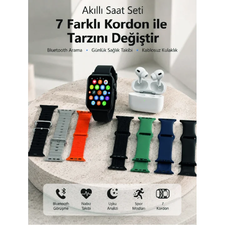 Mey İthalat® Bluetooth Görüşme Destekli Akıllı Saat Seti Kablosuz Kulaklık, 7 Kordon ve Çoklu Spor Modu