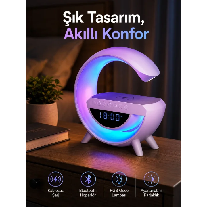 Mey İthalat® Bluetooth Hoparlör 15W Kablosuz Hızlı Şarj LED Gece Lambası