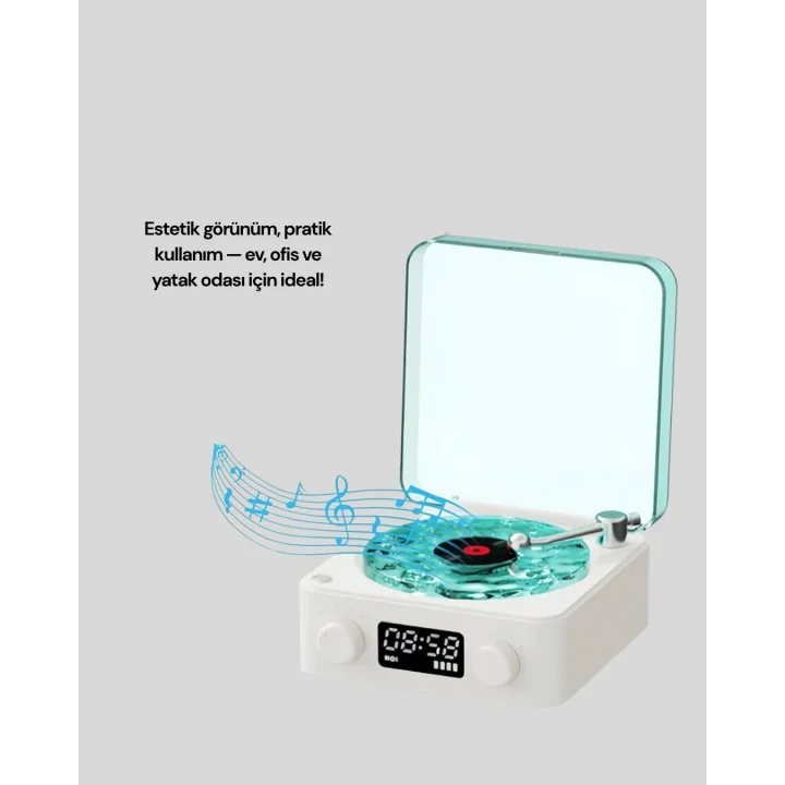 Mey İthalat® Bluetooth Hoparlör – 3-ü-1 Saatli Gece Lambası ve Vintage Tasarım