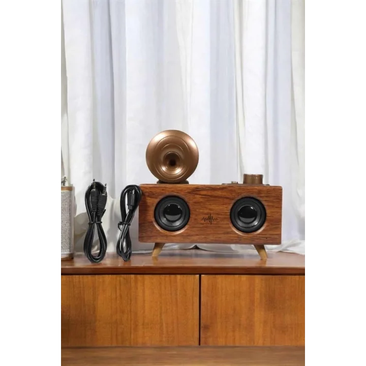 Mey İthalat® Bluetooth Hoparlör Ahşap Klasik Retro Gramofon Bluetooth Müzik Kutusu