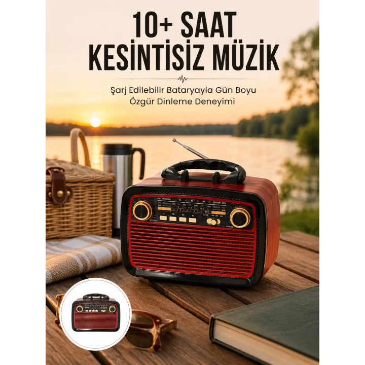 Mey İthalat® Bluetooth Hoparlör Ahşap Renk Vintage Işıklı Nostaljik Radyo Fm Ahşap Görünümlü Yeni Nesil