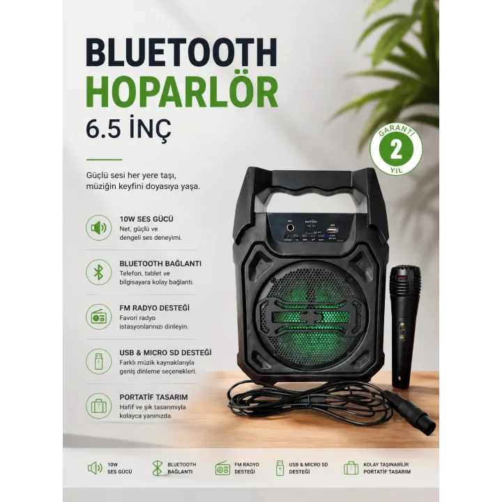 Mey İthalat® Bluetooth Hoparlör Mikrofonlu Taşınabilir Ses Sistemi FM Radyo, USB, SD Kart ve TWS Özellikli