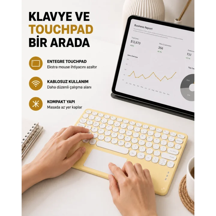 Mey İthalat® Bluetooth Klavye – Kablosuz, Sessiz Tuşlu, Android iOS Windows Uyumlu, Kompakt Taşınabilir Tasarım