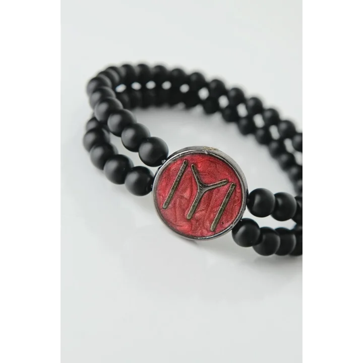 Mey İthalat® Bordo Metal Üzerine Füme Kayı Boyu Figürlü Siyah Renk Çift Sıra Doğal Taş Erkek Bileklik