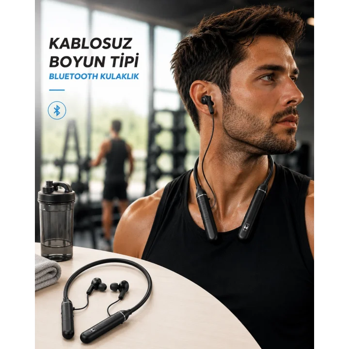 Mey İthalat® Boyun Tipi Kablosuz Bluetooth Kulaklık Uzun Pil Ömrü Mikrofonlu