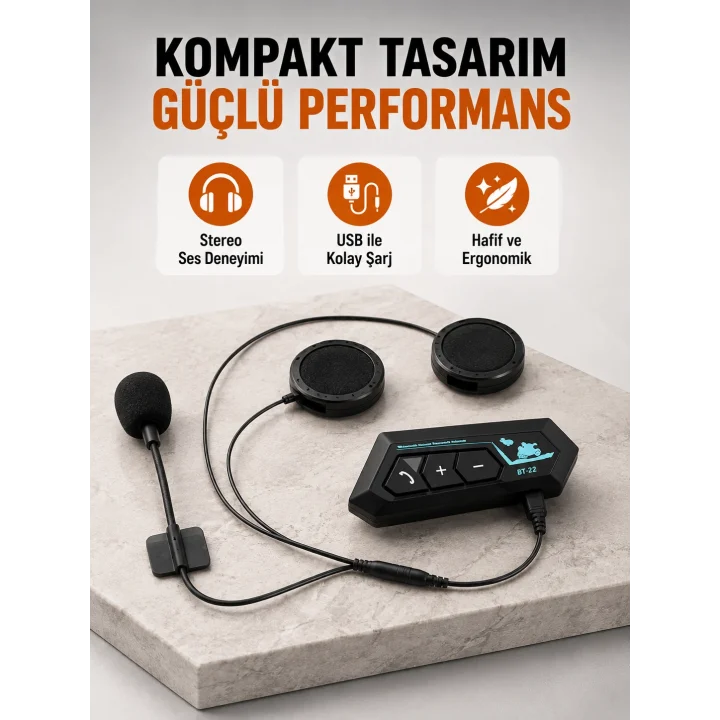 Mey İthalat® BT22 Kablosuz Kask Kulaklığı – Bluetooth 5.0, Intercom, Su Geçirmez ve Uzun Ömürlü Batarya Yeni Nesil