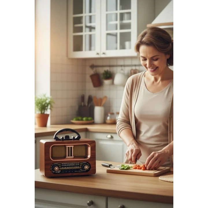 Mey İthalat®  Büyük Boy Retro, Nostaljik, Ahşap Tasarım Bluetooth Hoparlörlü, Şarjlı, Taşınabilir FM/AM Destekli Radyo NS-6635