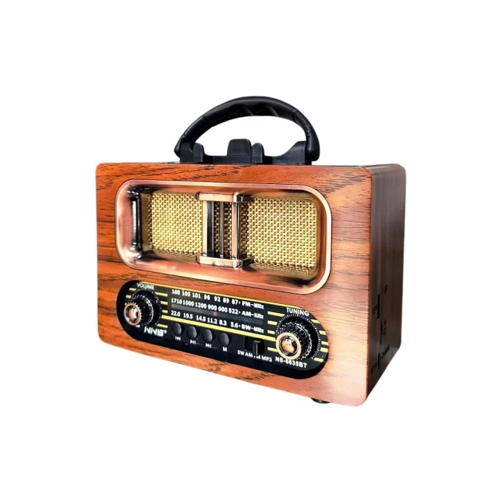 Mey İthalat®  Büyük Boy Retro, Nostaljik, Ahşap Tasarım Bluetooth Hoparlörlü, Şarjlı, Taşınabilir FM/AM Destekli Radyo NS-6635