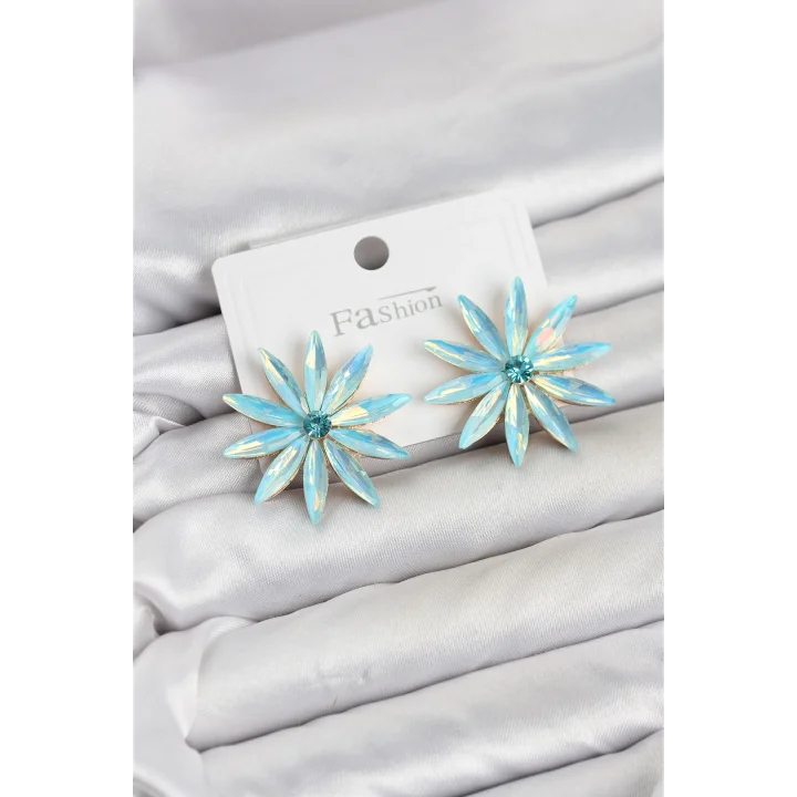 Mey İthalat® Buz Mavisi Kristal Taşlı Lotus Model Kadın Küpe