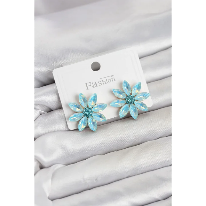 Mey İthalat® Buz Mavisi Renk Kristal Taşlı Lotus Çiçek Model Kadın Küpe
