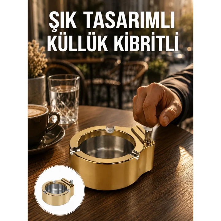 Mey İthalat® Çakmak Entegreli Küllük Yeniden Doldurulabilir Metal Gövde Yeni Nesil